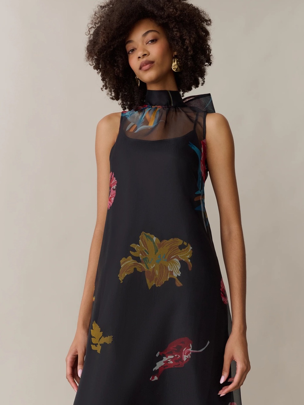 Caara Few Moda Alette Dress Sheer Floral Maxi Multicolor Tulip Blooms On Black - Picture 7 of 12